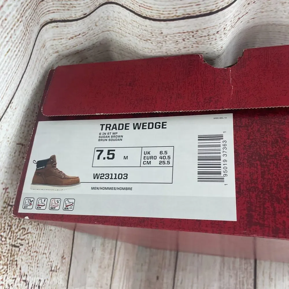 Wolverine Mens Sz 7.5M Trade Wedge Waterproof Work Boots Brown Leather